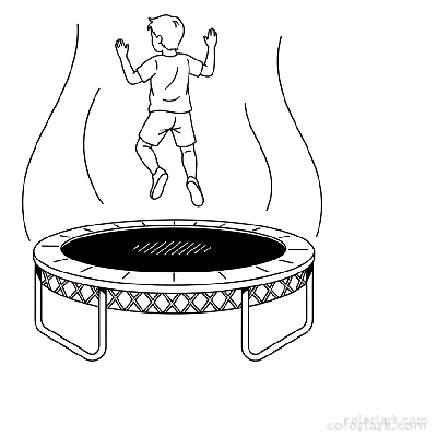 Black and white line art of a child jumping high on a trampoline, viewed from the back, at a kids fitness center.