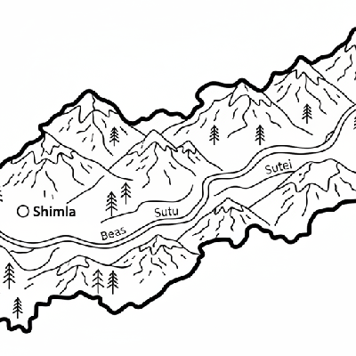 Line art coloring map of Himachal Pradesh state, featuring Shimla, prominent Himalayan mountains, and pine trees.