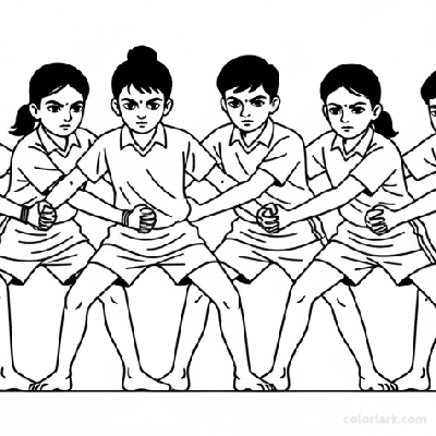 Line art of vigilant Indian children forming a kabaddi defense wall, holding hands with crouched stances, ready for a raider.