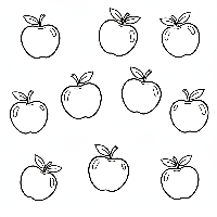 A black-and-white line art illustration showing ten little red apples, ideal for a number 10 counting and coloring activity.