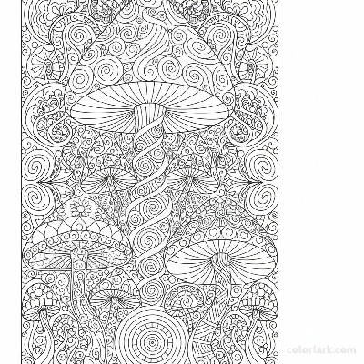 Black and white line art of an abstract psychedelic mushroom design with swirling patterns and geometric shapes, for adult coloring.