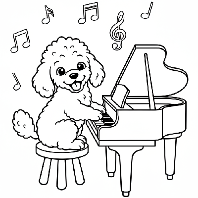 Black and white line art of a Poodle puppy sitting at a toy piano, pressing keys with its paws, with musical notes outlined.