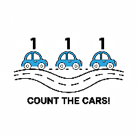 A black-and-white line art illustration showing three tiny blue cars on a road, for learning to count the number 3.