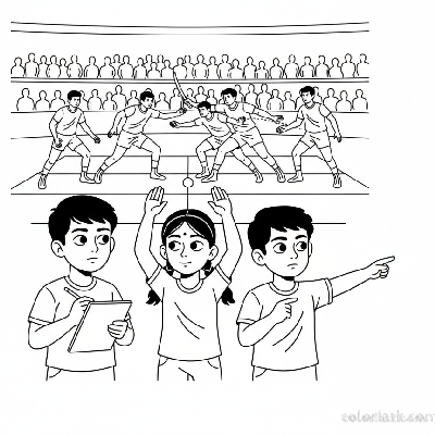 Line art of Indian children learning kabaddi techniques through observation at a National Tournament.