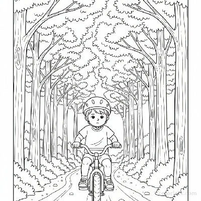 Black and white line art coloring page of a child with a helmet, riding a bicycle on a shady forest road.