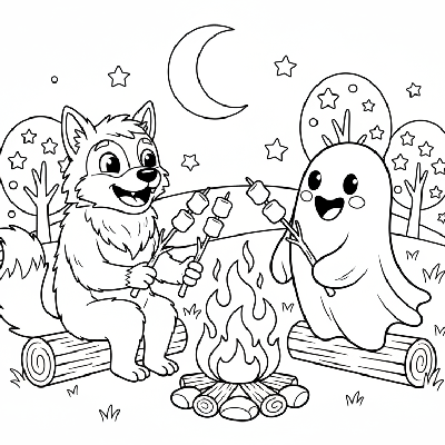 Black and white line art of a friendly werewolf and ghost roasting marshmallows over a campfire, Halloween coloring page.