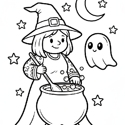 Black and white line art of a cute cartoon witch brewing a potion with a friendly ghost floating nearby, Halloween coloring page.