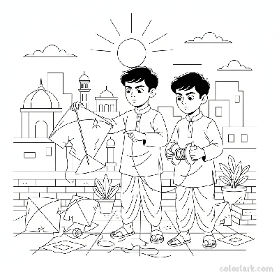 Line art of Indian boys with damaged kites on an Indian city rooftop, showing persistence, for coloring.