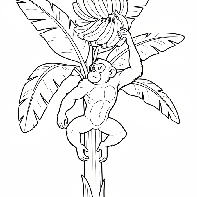Black and white line art of an energetic monkey leaping onto a banana tree trunk, looking at a bunch of bananas.