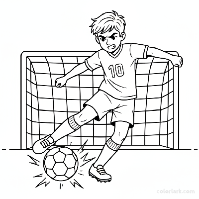 Line art of a young footballer performing an intense ball strike.