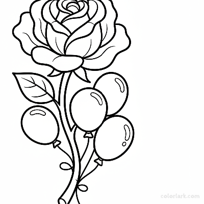 Simple rose and balloons outline coloring page for parties, black and white line art, easy flower and party decoration.