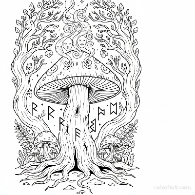 Black and white line art of an ancient mushroom acting as an oracle, with smoke, cryptic symbols, and glowing runes, for coloring.