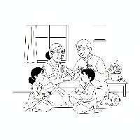 Grandparents blessing kids on Holi coloring page with vibrant colors.