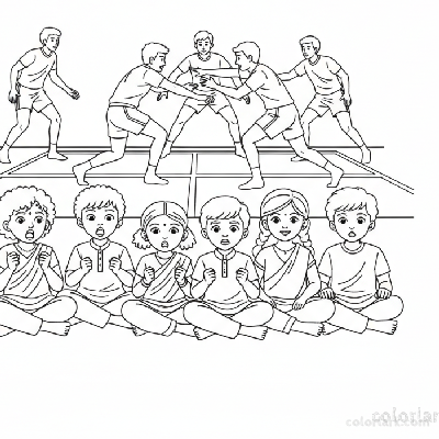 Line art of a group of Indian children completely captivated by a kabaddi raider's move during a National Championship match.