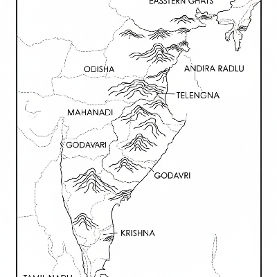 Line art coloring map of the Eastern Ghats mountain range, showing its path through states like Odisha, Andhra Pradesh, and Tamil Nadu.