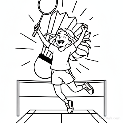 Line art outline of a joyous young girl badminton winner raising her racket.