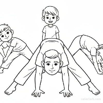 Line art of kids doing Wide-Legged Forward Fold with a yoga teacher.