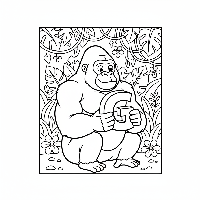 Black and white line art of a strong gorilla holding the letter G.
