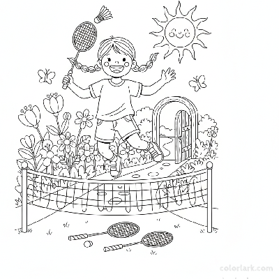 Line art of a girl playfully jumping over a badminton net.