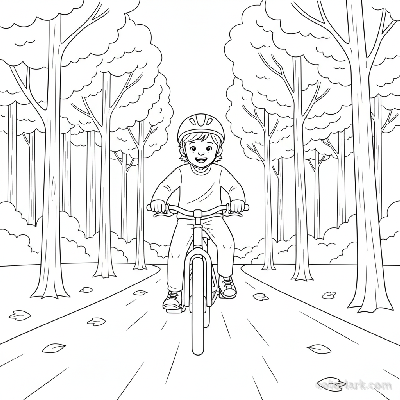 Black and white line art coloring page of an eager child with a helmet, riding a bicycle on a bright woodland path.