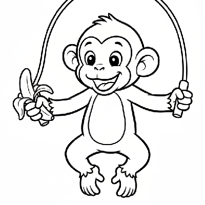 Black and white line art of a monkey playfully skipping rope, mid-jump over the rope, holding a banana in one hand.