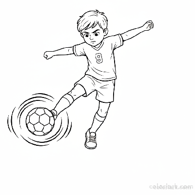 Line art of a child kicking a football with pure power.