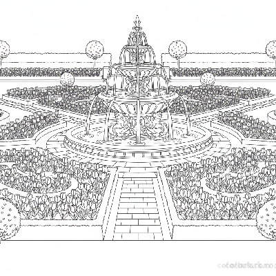 Line art illustration of an elegant fountain surrounded by beds of blooming tulips