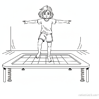 Black and white line art of a girl practicing her balance on a gym trampoline at a kids fitness center.
