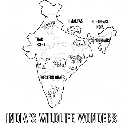 Line art coloring map of India, showing different wildlife zones with simplified animal icons like tiger, elephant, and rhino.