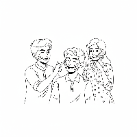 Friends applying gulal on faces for Holi coloring page for kids.