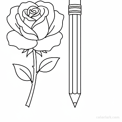 Beginner rose and pencil coloring page for school kids, black and white line art, easy flower and school supply.