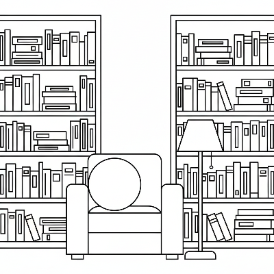 Black and white line art of a library quiet zone with bookshelves, an armchair, and a reading lamp, all composed of circles, squares, and triangles.