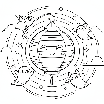 Black and white line art of little ghosts and bats flying around a friendly moon-shaped lantern, Halloween coloring page.