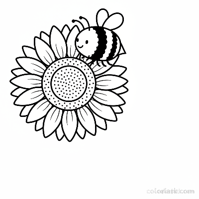 Simple black and white line art showing a cartoon bumblebee sitting on a sunflower, for toddlers