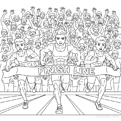 Line art of young athletes in a power sprint to a finish line with a roaring crowd