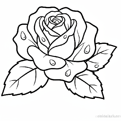 Easy rose with dew drops coloring page for kids activity, black and white line art, simple flower with water droplets.