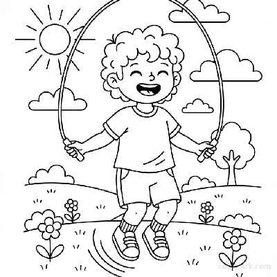Line art of a preschooler enjoying skipping rope play in the sun