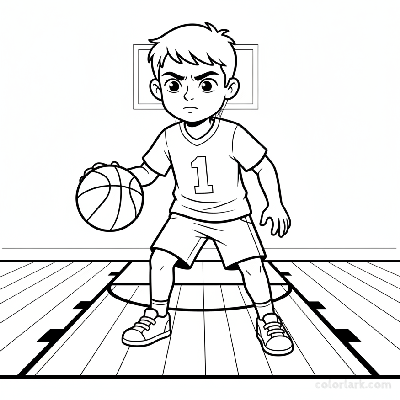 Black and white line art of a young boy practicing his first basketball dribble in a school gym.