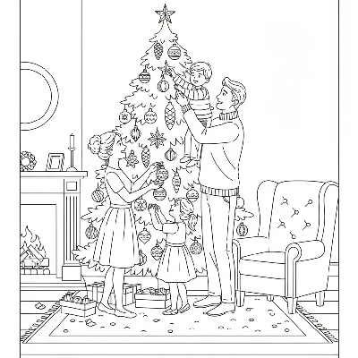 Black and white line art of a family decorating a Christmas tree with classic heirloom ornaments.