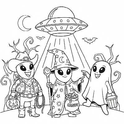 Black and white line art of a group of friendly, cartoonish aliens dressed in comical Halloween costumes, laughing together.