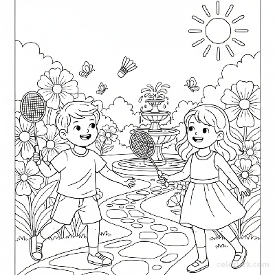 Line art of kids enjoying a sunny day badminton game in a garden.
