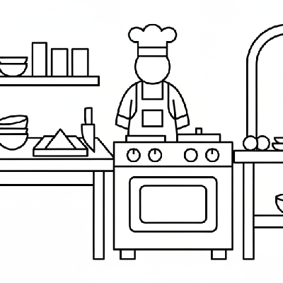 Black and white line art of a restaurant kitchen during prep with a chef, ovens, and cooking utensils, all composed of circles, squares, and triangles.
