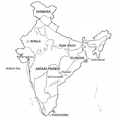Line art coloring map of South Indian states including Karnataka, Kerala, Tamil Nadu, Andhra Pradesh, Telangana, and Puducherry.