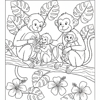 Black and white line art of a happy monkey family grooming each other in an Indian jungle