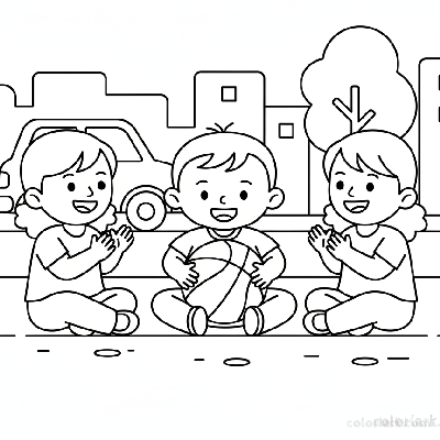 Line art of an Indian toddler's first basketball experience on a street, with older friends cheering.