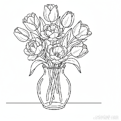 Line art illustration of a beautiful spring tulip bouquet in a vase