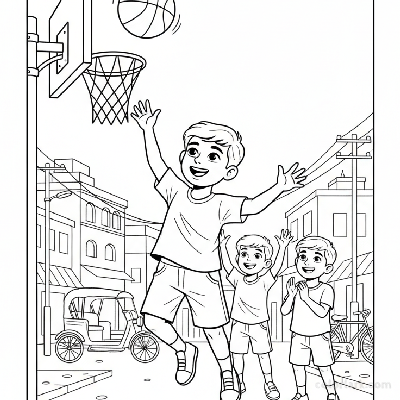Line art of a joyful Indian boy jumping to shoot a basketball, with friends cheering in the background.