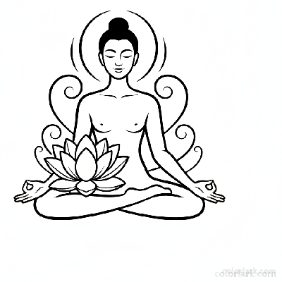 Black and white line art of a figure in a yoga meditation pose with a sacred lotus flower.
