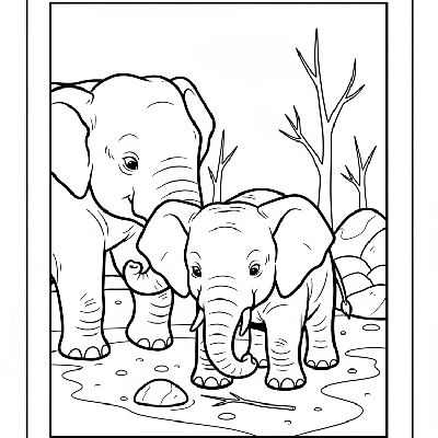 Black and white outline of a young elephant calf playfully exploring the ground with its trunk in its zoo enclosure.