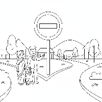 Coloring page showing pedestrians following an Indian No Entry sign.